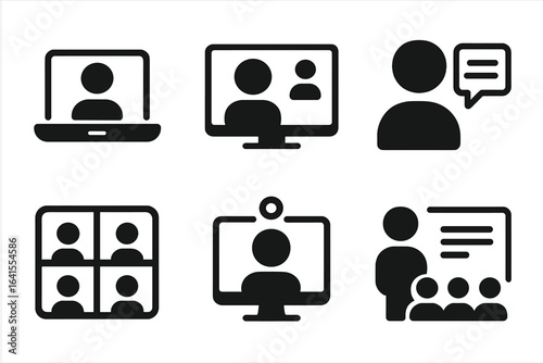 Various icons representing digital communication and online engagement in virtual meetings and workshops
