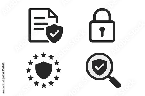 Collection of security icons representing document protection, data encryption, and compliance measures in digital safety