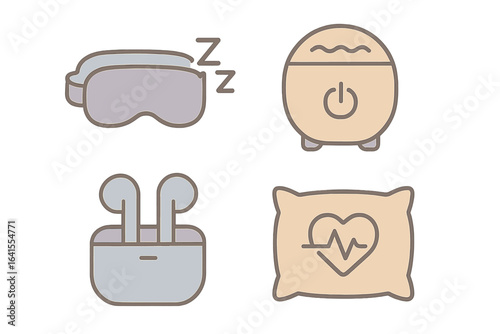 Relaxation tools for wellness and sleep enhancement featuring eye mask, diffuser, earbuds, and heart rate pillow