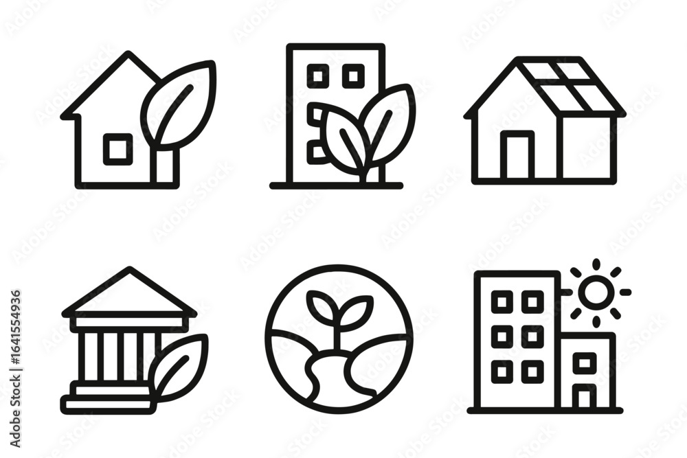 Fototapeta premium Icons representing sustainability concepts in urban and rural architecture on a plain background focusing on green solutions