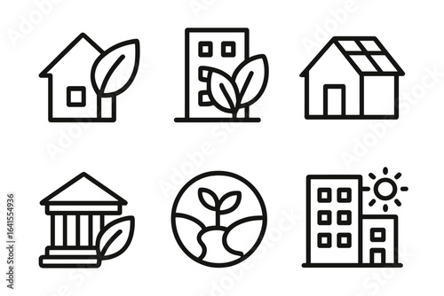 Icons representing sustainability concepts in urban and rural architecture on a plain background focusing on green solutions