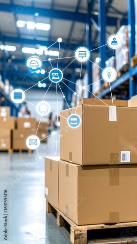Stacks of cardboard boxes in a warehouse, connected by a network graphic