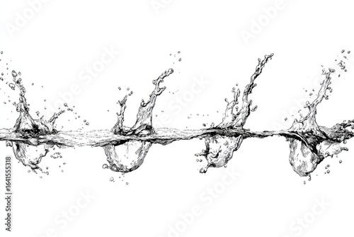 Water splashes in a horizontal line.  A series of water impacts creating dynamic,  complex splashes.  The white background isolates the movement