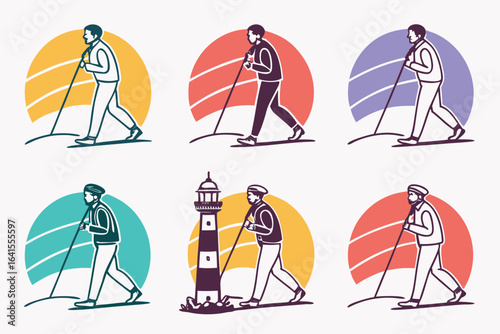 Nordic walking person in different colored backgrounds