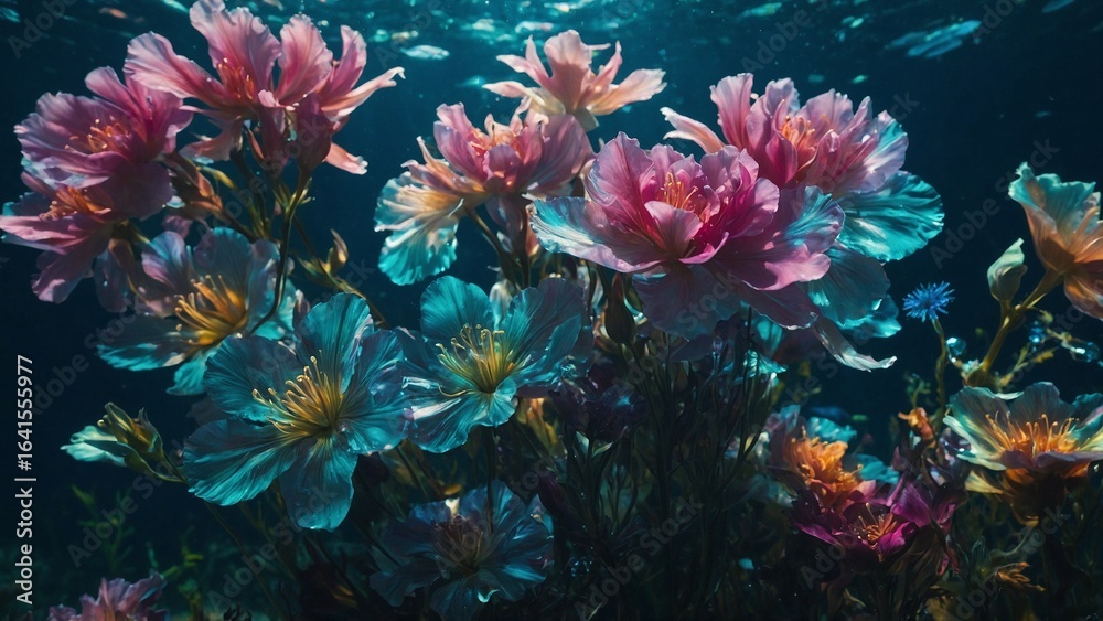 Iridescent Flowers Underwater with Sparkling Light Effects Iridescent Flowers Underwater with Sparkling Light Effects