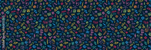 Back to School Seamless Pattern Banner Design with Hand Drawn Doodles in School Supplies Style on Blackboard Background. Vector Education, Learning and Knowledge Illustration for Greeting Card, Flyer