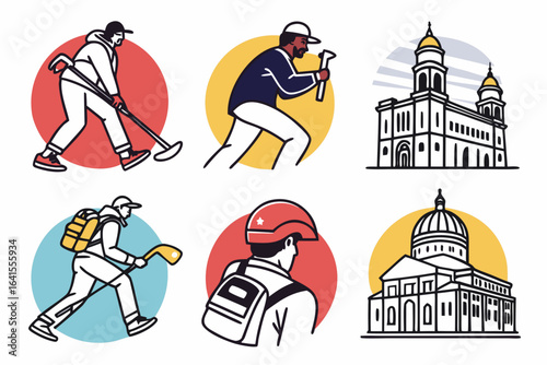 Set of icons depicting sports and architecture