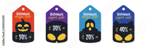 Halloween sale tag collection with pumpkin, ghost, skull, and cat