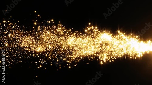 Magical golden shooting star with a sparkling particle trail flying across a black background.