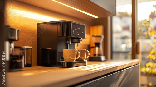 A modern coffee machine sits on a kitchen counter with two yellow cups, illuminated by warm sunlight through a window.