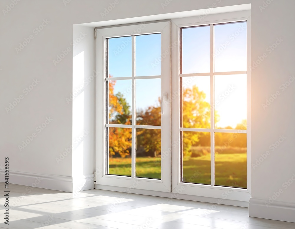 Fototapeta premium Bright window with autumn view