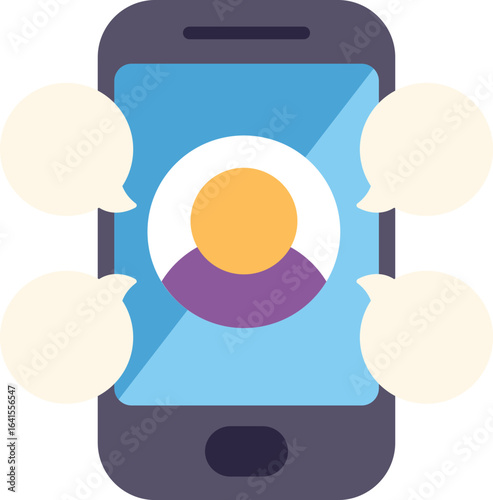 Smartphone showing online user profile picture surrounded by chat bubbles, concept for online communication