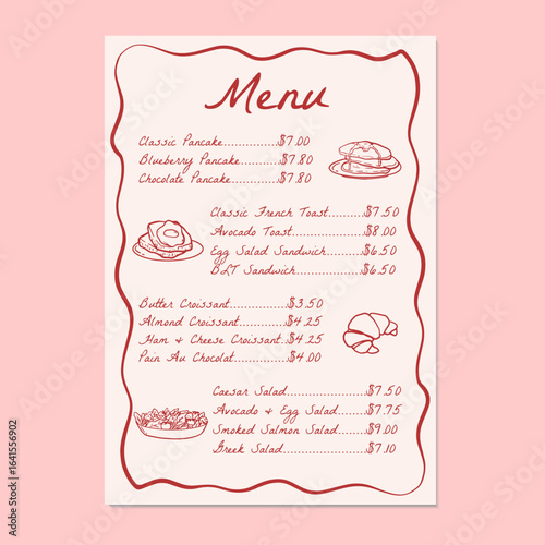 Hand drawn restaurant breakfast foods menu. Vector illustration breakfast menu with list of foods and prices for restaurants and cafe