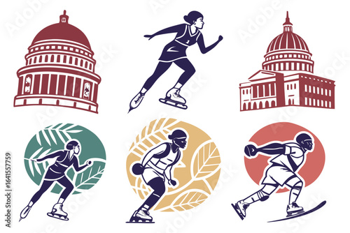 Set of ice skating athletes and capitol buildings