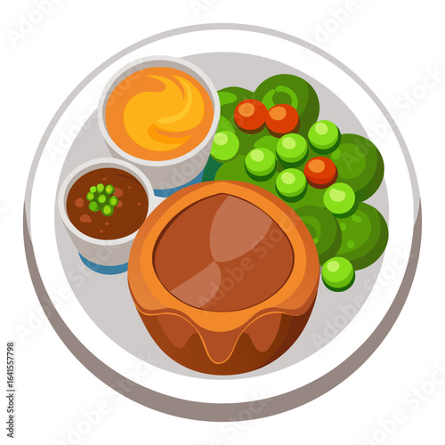 Flat Lay Yorkshire Pudding with Roast Dinner Vector Illustration