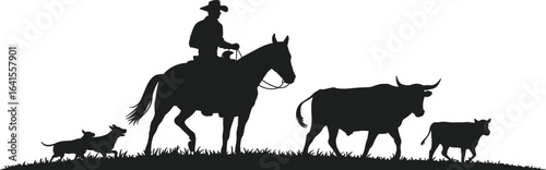 Cowboy riding horse with dogs, bull and calf, pastoral ranch scene silhouette, rural life vector art, western farming illustration