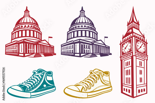 Famous landmarks and sneakers isolated on white background