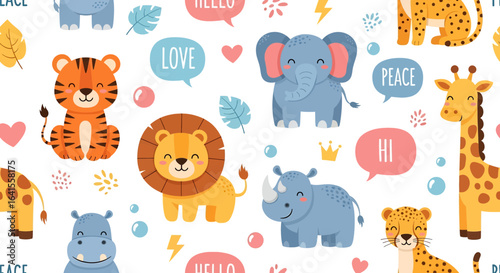 A collection of charming cartoon safari animals including a gazelle, tiger cubs, elephant, lion, rhino, hippo, giraffe, and cheetah with speech bubbles and cute accents