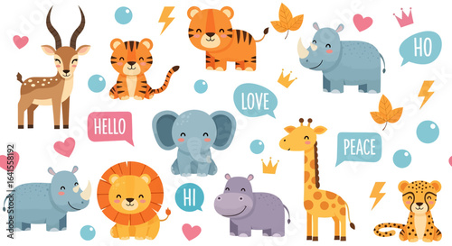 A collection of charming cartoon safari animals including a gazelle, tiger cubs, elephant, lion, rhino, hippo, giraffe, and cheetah with speech bubbles and cute accents