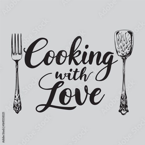 “Cooking with Love” decorative typography with ornate fork and spoon — elegant black-and-white kitchen-themed illustration