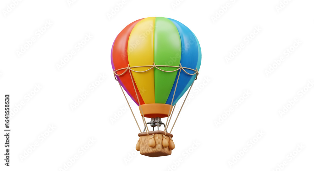 Obraz premium Colorful rainbow striped hot air balloon with basket isolated on transparent background for travel and adventure