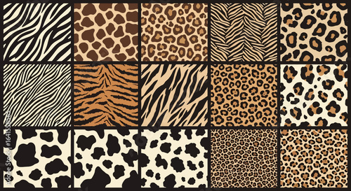 A collection of seamless animal print patterns including zebra stripes, giraffe spots, leopard rosettes, cheetah spots, tiger stripes, cow spots, and abstract spots