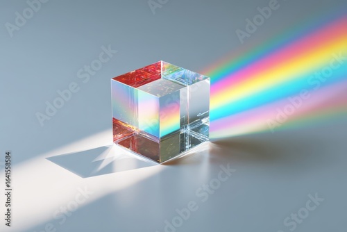 Glass cube reflects colors, splitting light. Physics concept of refraction, science use