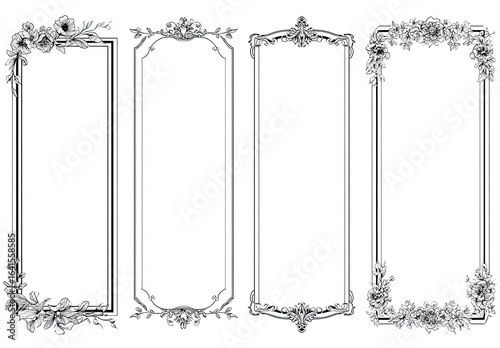 Four black and white ornate floral picture frames.  