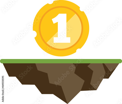 Golden coin with number one hovering over a floating island with green grass