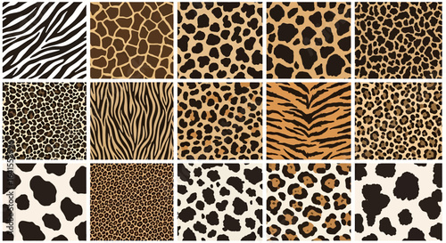 A collection of seamless animal print patterns including zebra stripes, giraffe spots, leopard rosettes, cheetah spots, tiger stripes, cow spots, and abstract spots