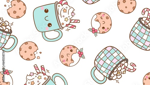 Seamless pattern of cute cartoon cookies with bites and mugs filled with sweets on a white background