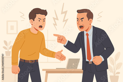 Argument in office between two men, young and adult disputing, disagreement concept, workplace conflict, business disagreement, office debate, vector cartoon illustration
