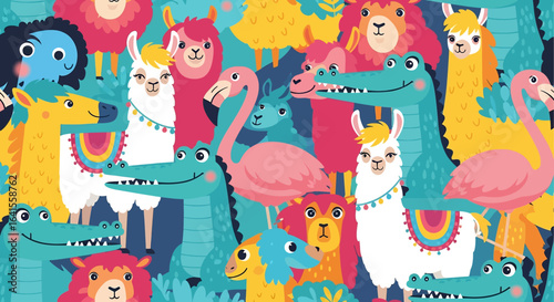 A cute and colorful seamless pattern featuring cartoon llamas, flamingos, and alligators with tropical leaves on a blue background. Ideal for children's fabric and prints