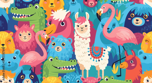 A cute and colorful seamless pattern featuring cartoon llamas, flamingos, and alligators with tropical leaves on a blue background. Ideal for children's fabric and prints