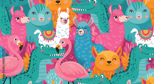 A cute and colorful seamless pattern featuring cartoon llamas, flamingos, and alligators with tropical leaves on a blue background. Ideal for children's fabric and prints
