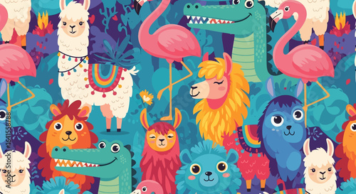 A cute and colorful seamless pattern featuring cartoon llamas, flamingos, and alligators with tropical leaves on a blue background. Ideal for children's fabric and prints