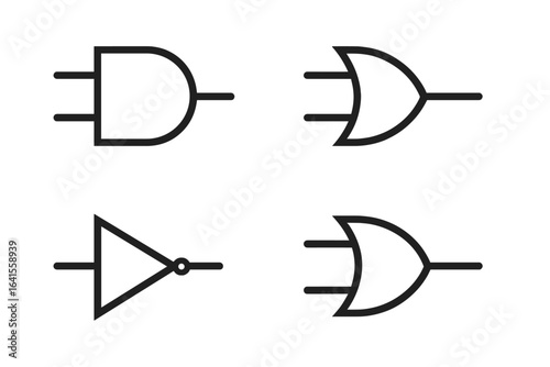 Digital logic gates vector set. AND gate, OR gate, NOT gate, NOR gate symbols. Electronic circuit diagram elements, minimal line icons for logic operations. Engineering, technology concept.