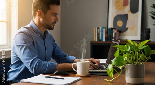  A focused professional man works on his laptop at a desk in a comfortable home office, sipping coffee while engaged in remote work, programming, or online business tasks