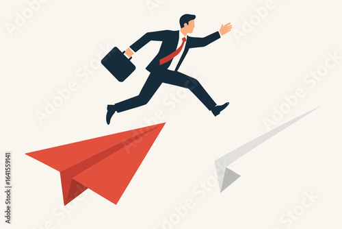Leap of Faith Businessman Jumping from Red Paper Plane to White Paper Airplane. Career Change, Opportunity, Risk Management, Growth, Ambition, Success Concept. Flat Vector Illustration.