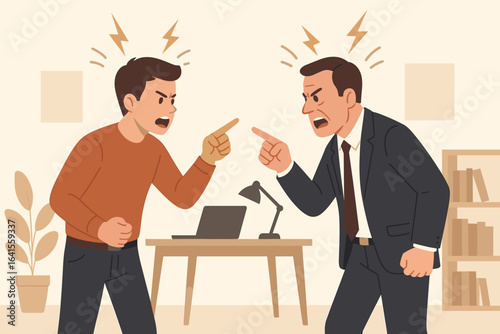 Office conflict illustration, angry men arguing, workplace dispute, professional disagreement, intergenerational coworker tension, stress management, business confrontation, communication breakdown