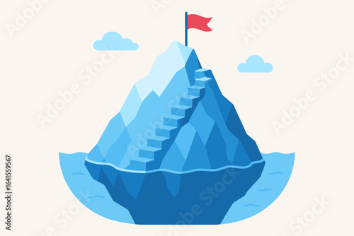 Iceberg concept achievement, business success metaphor, career progress, strategy steps, goal flag on mountain, leadership, challenges, motivation, reaching peak victory, flat blue vector, infographic