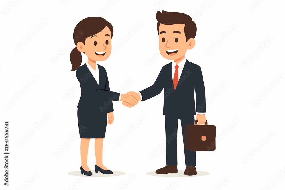 Professional businesswoman and businessman shaking hands. Cartoon vector illustration of successful agreement, partnership, negotiation, corporate deal, teamwork, collaboration on white background Professional businesswoman and businessman shaking hands. Cartoon vector illustration of successful agreement, partnership, negotiation, corporate deal, teamwork, collaboration on white background
