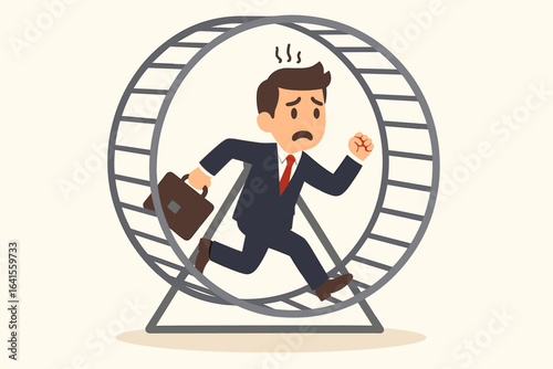 Stressed businessman running in hamster wheel, concept of burnout, meaningless work, feeling stuck, no career progress, corporate rat race, job frustration, stress and exhaustion, vector illustration