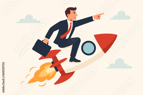 Ambitious businessman riding rocket, pointing forward. Leadership, innovation, success, business growth, career boost, motivation, startup launch, future vision, progress, achievement, vector.