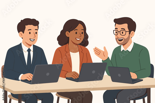 Diverse team of business professionals collaborating in office, three people working together, laptops on desk, teamwork, business meeting, corporate discussion, multicultural group illustration