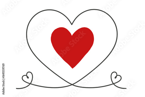Continuous line heart shape border with painted red heart, love and romance symbol, elegant minimalist vector illustration on white and transparent background for design