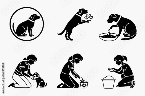 Dog care and training icons isolated on white background