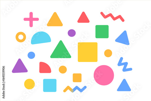 Vibrant geometric shapes background, colorful abstract vector pattern, playful modern design, creative arrangement of circles triangles squares zigzags plus signs, isolated on white, graphic resource