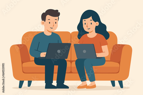 Remote work couple using laptops on orange sofa. Man and woman co-working at home, living room, teamwork, modern technology, communication, digital lifestyle, freelance teamwork concept