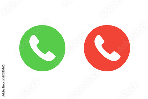Vector illustration of green and red phone call buttons, accept and decline symbols, mobile app communication icons, call interface UI elements, telephone receiver design, isolated on white background